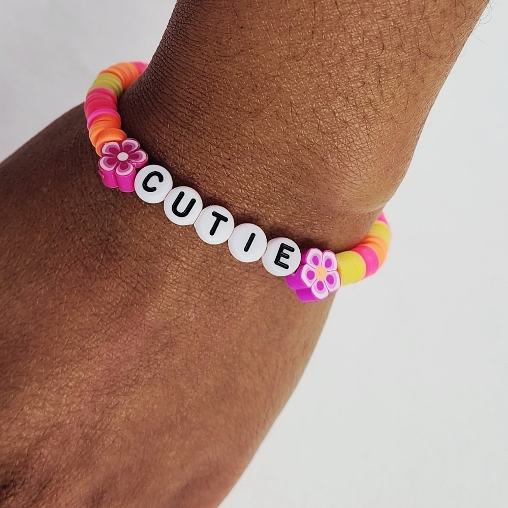 Handmade Flower Clay Bead Bracelet With The Word CUTIE
